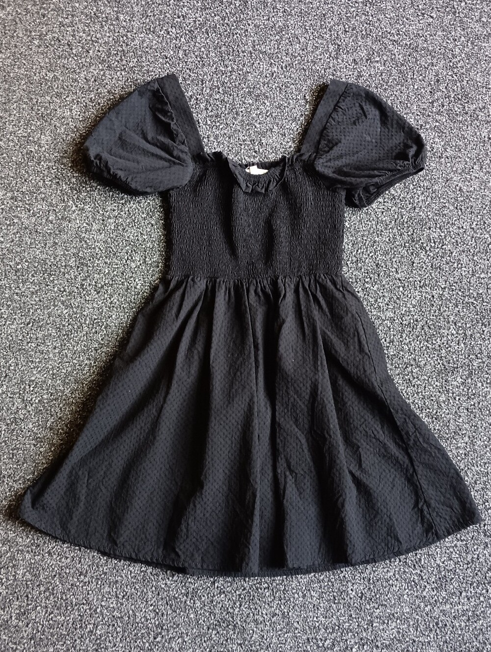 Womens XS Babydoll Black Puff Sleeve Smocked Waist Cotton Mini Dress, Slip On